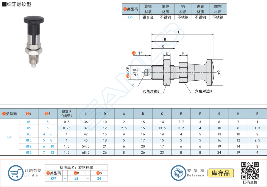 旋鈕柱塞-細牙螺紋自鎖型規(guī)格參數(shù)尺寸材質